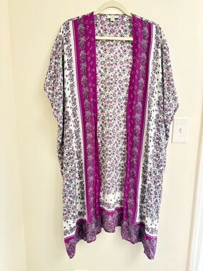 LOFT Fuchsia Floral Kimono Duster M/L Boho Open Front Lightweight Cover Up Wrap